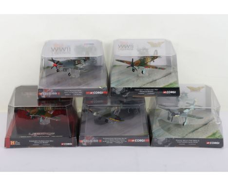 Five Corgi Aviation Archive ‘WWII Legends’, including: Hawker Hurricane Mk.I ‘D. Bader’, AA32004, x2. P-51K Mustang, Mk.VI, 1