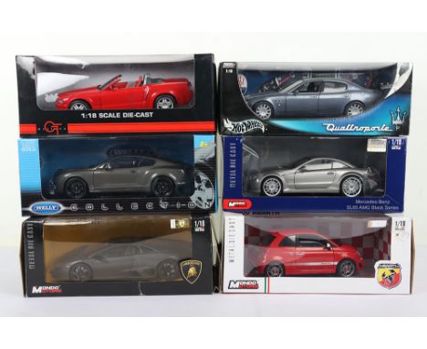 Six Boxed Diecast 1:18 Scale Models,  including : Welly Collection Bentley Continental Supersports, Mondo Motors Lamborghini 