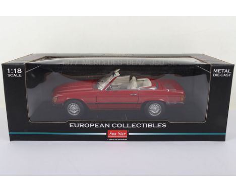 Sun Star European Collectibles 1977 Mercedes Benz 350 SL Cabriolet, signal red diecast body, 1:18 scale, No 4605, in mint  co