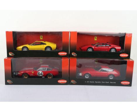 Four Boxed Kyosho Hotwheels 1:18 Scale Ferrari Models, No. 08182R Ferrari 308GTB (wing mirrors model loose in box, red body, 