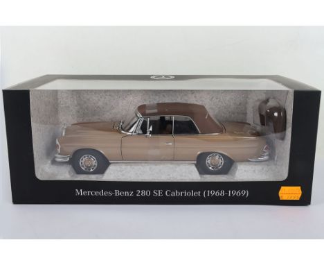 Norev Mercedes Benz 280 SE Cabriolet 1968-69, 1:18 Scale, sand beige metallic diecast body, in mint condition, outer window d