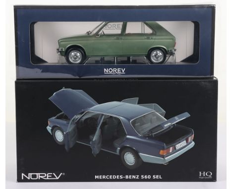 Norev Mercedes Benz 560 SEL, metallic blue body, with white polystyrene inner, illustrated outer box  and Peugeot 104 GL 1977