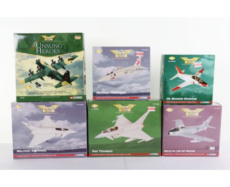 Six Corgi Aviation Archive Military Aircraft Models, AA31304 Lockheed Hercules AC-130A Gunship 1-144 Scale, AA36402 RAF Train