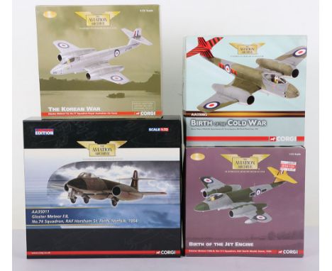 Four Corgi Aviation Archive Gloster Meteor Jets, all 1/72 scale. Meteor F.Mk8 601 Sqn, AA35002. Meteor F.Mk8 111 Sqn, AA35010