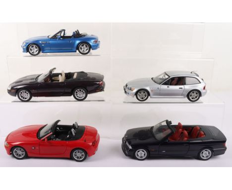 Five Unboxed 1:18 Scale Models, Burago BMW Roadster (1990) Maisto Jaguar XK Series, UT Models BMW Z3 Coupe 2.8, Ricko BMW Z4 