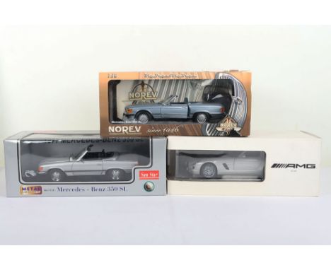 Three Boxed Mercedes Models 1:18 Scale,  Sun Star Mercedes Benz 350SL, silver diecast body, ref no. 1130, in mint pre owned c