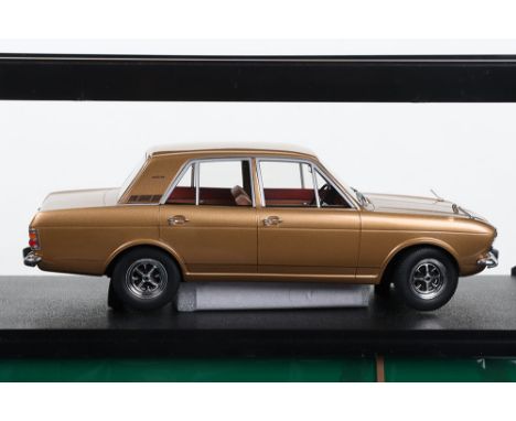 Cult Scale Models Ford Cortina 1600E 1970, gold metallic  diecast body, 1:18 scale, No. CML048-1, in excellent to near mint c