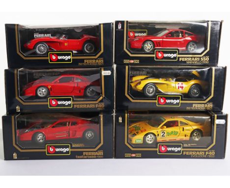 Six Boxed Burago Ferrari  Models  1:18 Scale, 3042 Ferrari F40 Evoluzione (1992)Totip yellow, 3032 Ferrari F40 (1987) red bod