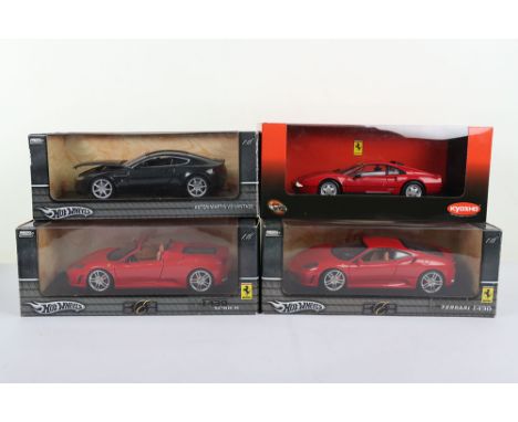 Four Boxed Hotwheels 1:18 Scale Models, Kyosho  Hotwheels No.08183R Ferrari 328 GTB (1988) red, G7160 Ferrari F430 Coupe, red
