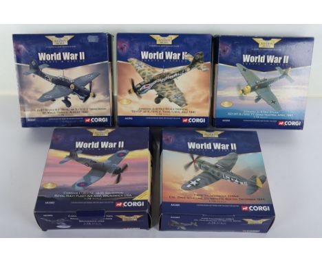 Five Corgi Aviation Archive Stuka JU87’s & Fighters,this lot features three of the Luftwaffe’s JU87 Stuka diver bomber, JU87 