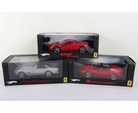 Three Boxed Hot Wheels Elite Ferrari 1:18 Scale models, N2048 Ferrari 410 Super America, silver body, black roof, J2921-0510 