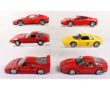 Six Unboxed 1:18 Scale Model Ferraris, Burago Ferrari 360 Modena 1999, UT Models Ferrari F355 yellow, Burago Ferrari F40 (198