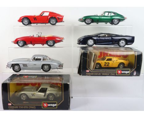 Five Unboxed 1:18 Scale Cars, including: Maisto Jaguar XJ220, Burago Jaguar E Type Convertible, Jaguar E Type Coupe metallic 