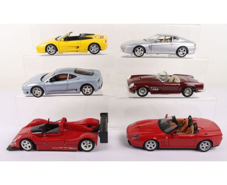 Six Unboxed 1:18 Scale Model Ferraris, Hotwheels Ferrari 333SP, UT Models Ferrari F355, Hotwheels Ferrari 550 Barchetta, Bura
