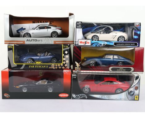 Six Boxed 1:18 Scale Models,  including : Autoart Performance Nissan Z, silver body, near mint, box is fair with edition 6 ca