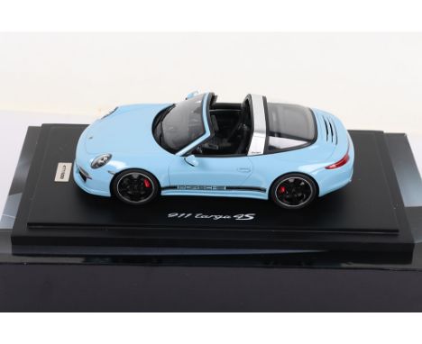 Spark Porsche 911 Targa 4S, Gulf blue resin body, highly detailed, 1:18 scale, limited edition 477/500 mounted on base, with 