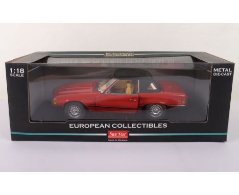 Sun Star 1977 Mercedes Benz 350 SL Closed Convertible, red diecast body, black hood,  1:18 scale, No 4597, in near mint  cond