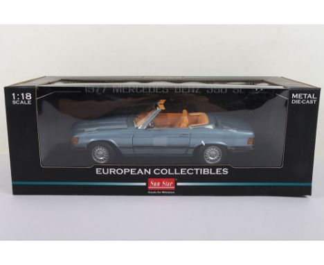 Sun Star European Collectibles 1977 Mercedes Benz 350 SL Cabriolet, diamond blue diecast body, 1:18 scale, No 4606, in mint p