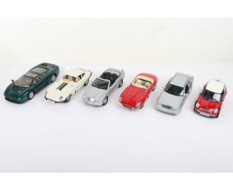 Six Unboxed 1:18 scale Models, UT Models Mercedes Benz C-Class AMG, Maisto Jaguar XJ220, Burago Jaguar E Type 1961, Burago Ja
