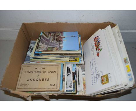 BOX CONTAINING VARIOUS POSTCARDS, FIRST DAY COVERS AND OTHER ITEMS