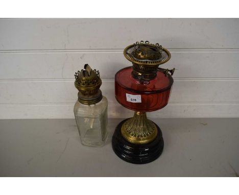 OIL LAMP WITH CRANBERRY GLASS FONT AND ONE OTHER (2)