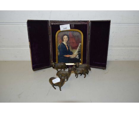 COLOURED PRINT HOUSED IN A PLUSH LINED FOLDING FRAME TOGETHER WITH FIVE BRASS SHEEP