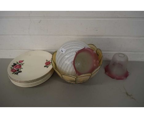 VARIOUS DECORATED PLATES, LIGHT SHADES ETC