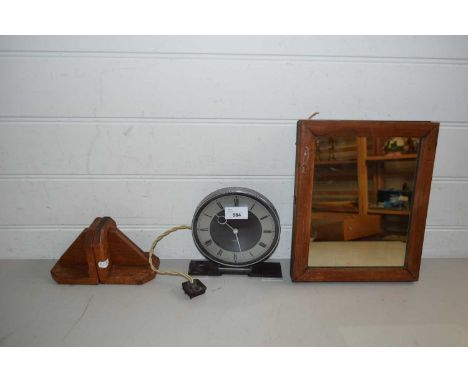 MIXED LOT COMPRISING A SMITHS ELECTRIC MANTEL CLOCK, PAIR OF BOOKENDS AND A SMALL MIRROR (4)