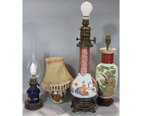 19th century Japanese porcelain vase with cast brass mounts, adapted as a table lamp, and further lighting items 