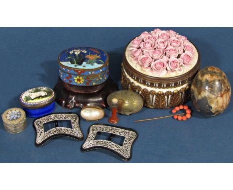 Georgian enamel box with sheep in pasture detail, oval cloisonné box, agate seal, pair of shoe buckles, etc 