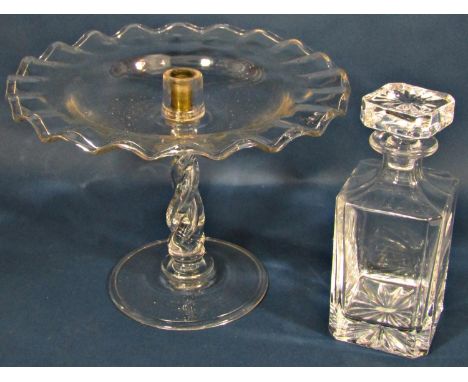 A glass tazza with a wavy edge and a square decanter. (As Found) 