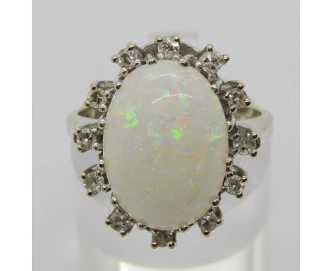 Vintage 14ct white gold opal and diamond oval cluster ring, size N, 5.6g 