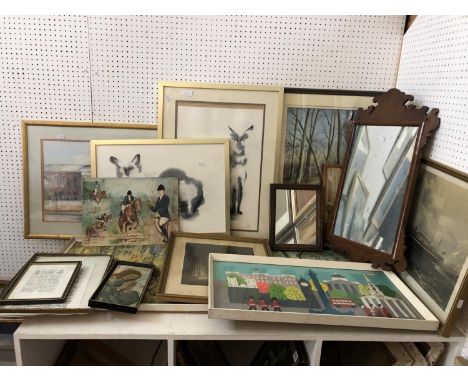 Collection of fifteen framed works and two antique mirrors to include: Audrey Mcleod, watercolour of The Royal Hospital, Chel