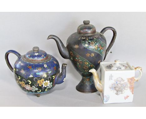 A small Japanese cloisonné round teapot with overall floral decoration on a tripod base. 10.5cm high together with another si