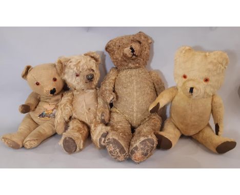 4 vintage teddy bears, all play worn including a tall firmly stuffed bear with  stitched nose and mouth, rexine paw pads heig