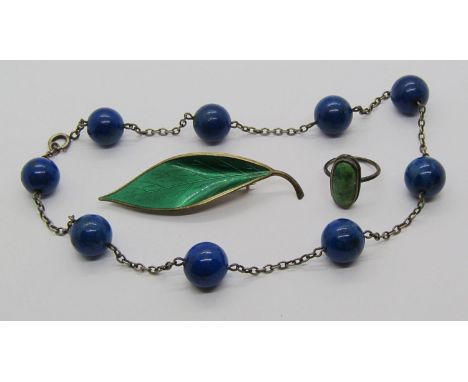 Group of silver jewellery comprising a Scandinavian leaf brooch with green enamelled ground by David Anderson, a lapis lazuli