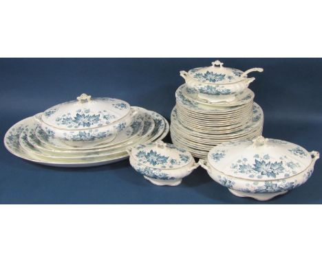 A Victorian blue and white dinner service by W Hulme comprising four graduated meat plates, twelve dinner, eleven medium and 
