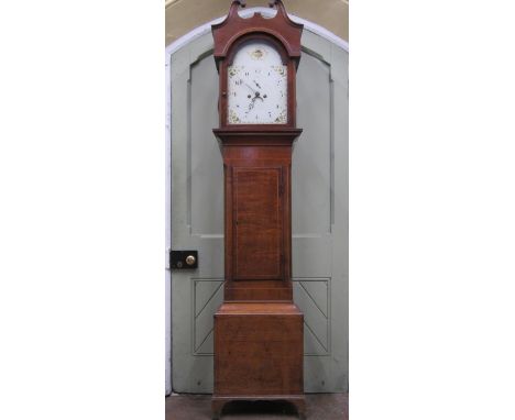 Georgian mahogany longcase clock, the hood with swan neck pediment enclosing an arched and painted dial with painted floral s