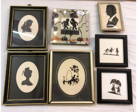 Seven 20th century cut-paper and printed silhouettes to include: portrait of a woman, signed lower right 'hanks'?; two miniat