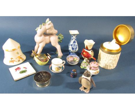 A collection of china miniatures comprising cups, saucers, bowls, etc, to include a Coalport lidded mustard or jam pot, studi