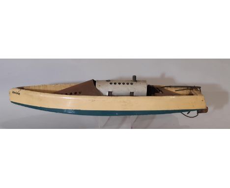 A 1930's Steam-Powered Speedboat 'Snipe' by Bowman Models with cream and blue paintwork, propeller-driven, with metal engine 