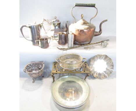 A 19th century copper kettle and barometer, silver plated case, further silver plated wares, etc 