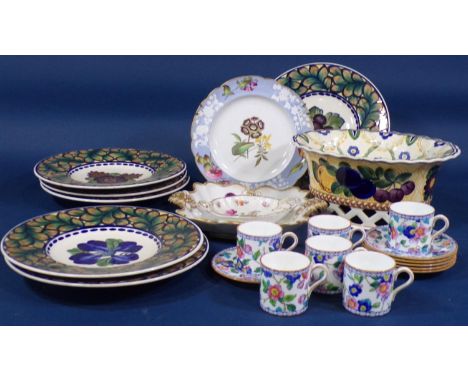Six Copenhagen dinner plates with individual hand painted details of flowers, fruit, etc, together with a matching Copenhagen