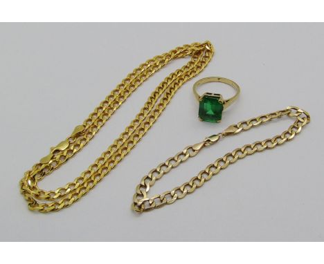 9ct curb link bracelet, 2.1g, together with an Italian silver gilt curb link necklace and a 9ct emerald-cut green stone dress