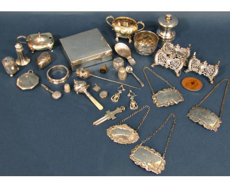 Georgian and later small silver artefacts, caddy spoon, menu holders, condiments (10oz weighable silver) together with a silv