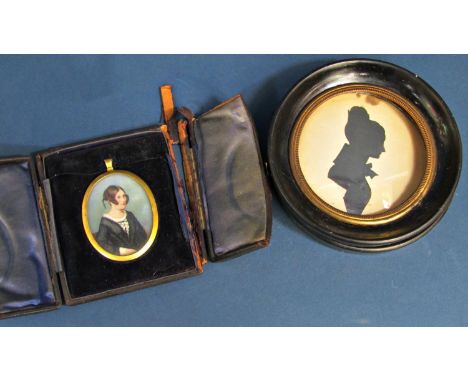 Two Edwardian silhouette portraits, circular frame and a small oval portrait, young woman with lock of hair verso 1893 