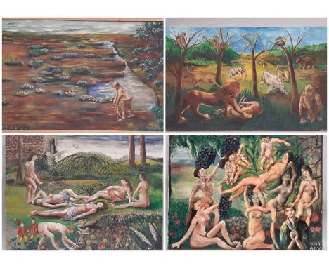 Eleven works to include: Four oil paintings of surrealist landscapes, depicting nude figures and exotic animals, oil on canva