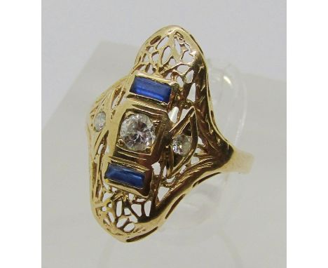 14k marquise style ring set with diamonds and sapphires, size F, 1.7g 