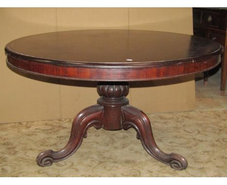 A Victorian mahogany tilt top breakfast/loo table of circular form with moulded outline raised on an onion pillar and scrolle