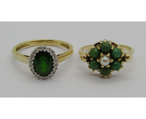 Antique 9ct turquoise and pearl cluster ring and a modern 9ct green gem and diamond oval cluster ring, 4.9g total (2) 
